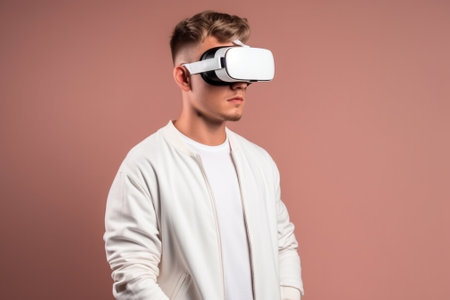 Handsome young man in white jacket and vr glasses on pink backgroundの素材