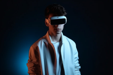 Young man wearing virtual reality goggles. Studio shot on dark background.の素材