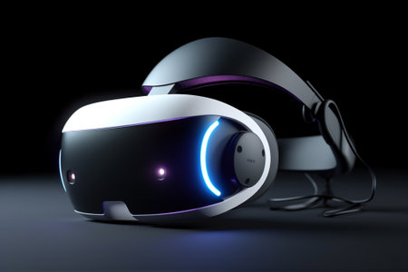 Virtual reality headset on black background. 3D rendering. Virtual reality concept.の素材