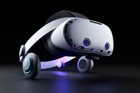 Virtual reality headset on black background. 3D rendering. Virtual reality concept.の素材
