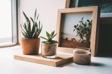 Succulent in a vase on the windowsill with a picture frameの素材