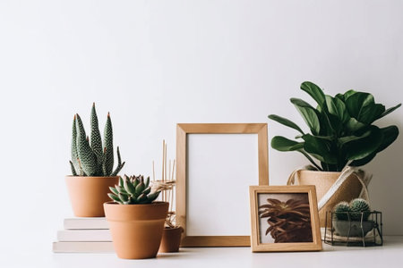 interior design with cactus and photo frame on white wooden tableの素材
