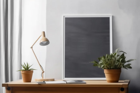 Modern workplace with computer, plant and blank blackboard on wooden tableの素材