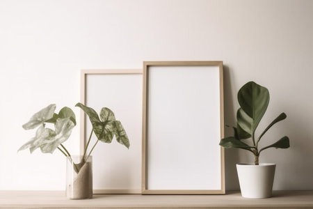 Wooden frame mockup with green plant in pot on shelf over white wall.の素材