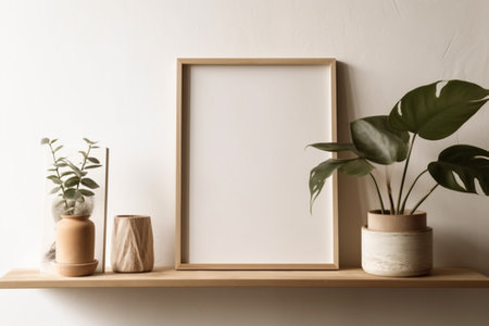 Mock up poster frame on wooden shelf in modern living room interior with plant. 3d renderの素材