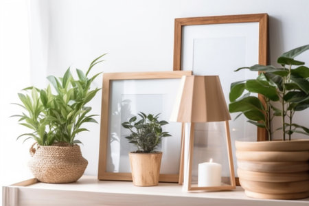 interior design and decoration concept - close up of photo frames, lamp and plants on shelf at homeの素材