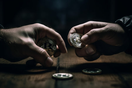 Hands of a man and bitcoin on a wooden table in the darkの素材
