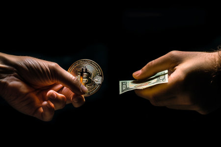 Close-up of two male hands exchanging dollars and bitcoins on black backgroundの素材