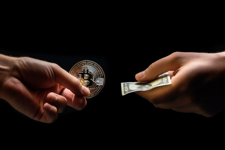 Two hands exchanging money for bitcoin on a black background. Cryptocurrency concept.の素材
