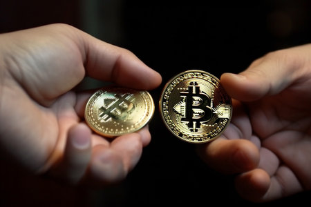Hands holding a pair of golden bitcoins on a dark background.の素材