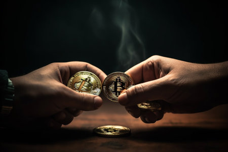 Hands holding bitcoins with smoke on dark background. Cryptocurrency concept.の素材