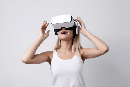 Young woman wearing virtual reality goggles on white background. Future technology concept.の素材