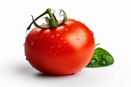 Fresh tomato with water drops isolated on white background. Studio shot.の素材