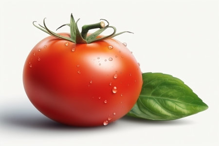 Tomato with leaf and water drops on white background. 3d illustrationの素材