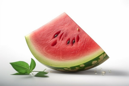 Sliced of watermelon with green leaves on a white backgroundの素材