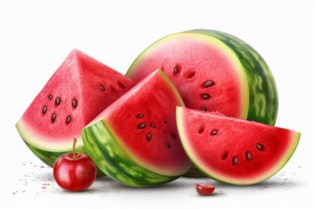 Watermelon and cherry isolated on white background. 3d illustration.の素材
