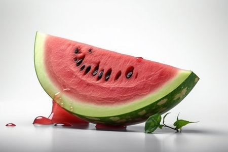Slice of watermelon on white background with drops of juice.の素材