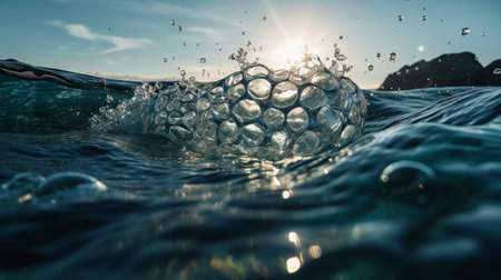 Water ball floating in the sea. 3d render illustration with DOFの素材