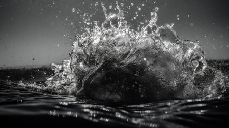 Splashes of water in the sea. Black and white photo.の素材