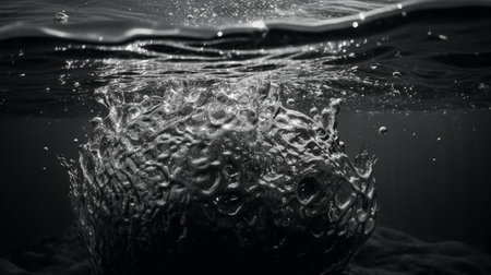 Black and white image of a fish in the water with bubbles.の素材