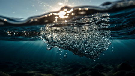 Underwater view of water surface with splashes and sun rays.の素材