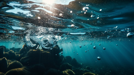 Underwater view of coral reef with air bubbles and rays of sunlightの素材
