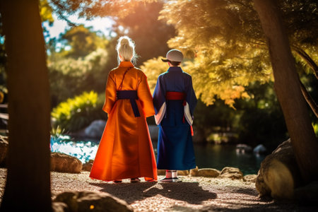 Back view of mother and daughter in Japanese traditional costumes walking in the parkの素材