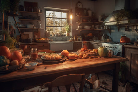 Vintage kitchen interior with utensils, fruits and vegetables.の素材