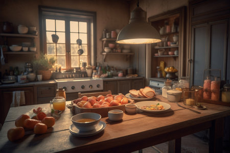 Breakfast in the kitchen with fresh fruits and a cup of coffeeの素材