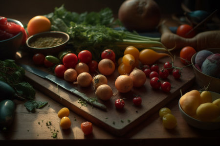 Still life of fresh vegetables on wooden table. Selective focus.の素材