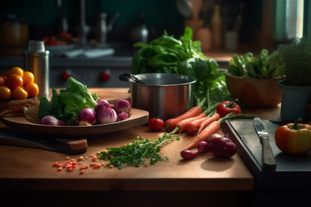 Composition with variety of vegetables on wooden table in kitchen at nightの素材