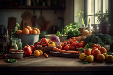 Composition with variety of raw organic vegetables on wooden table in kitchenの素材
