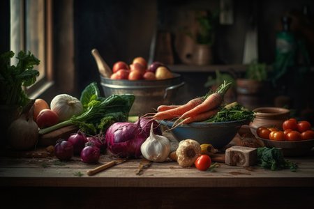 Still life with fresh vegetables in rustic kitchen. Selective focusの素材