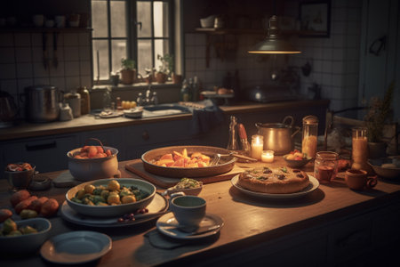 Dinner in a rustic kitchen with lots of food on the tableの素材