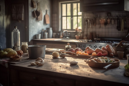 Vintage kitchen interior with wooden table and utensils, selective focusの素材