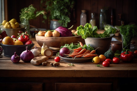 Composition with variety of raw organic vegetables on wooden table in kitchenの素材
