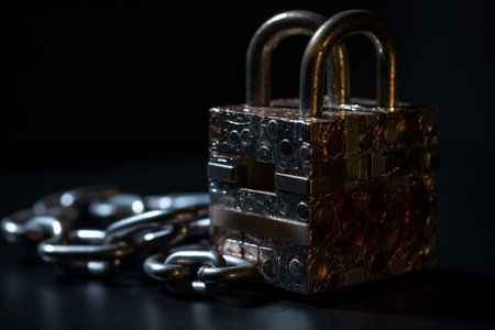 Padlock and chain on a black background, close-up.の素材
