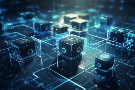 Futuristic technology circuit board background with glowing cubes. 3D Renderingの素材