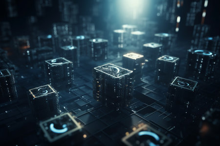 3D rendering of a futuristic city in the form of a binary codeの素材