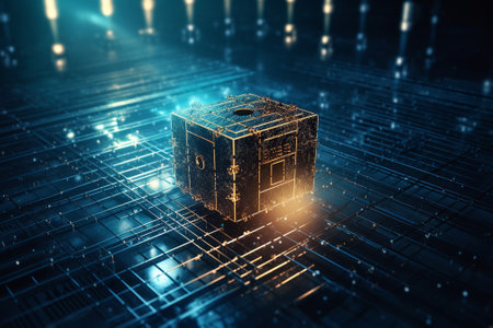 3d rendering of a golden box on a black background with blue lightsの素材