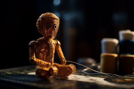 Wooden toy doll on a black background. Selective focus.の素材