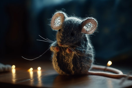 Gray toy mouse on the background of a burning garland of candlesの素材
