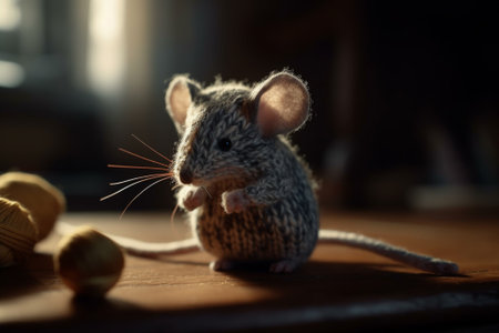 Small gray mouse on a wooden table in the light of the windowの素材