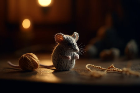 Cute little mouse in a knitted hat on a dark backgroundの素材