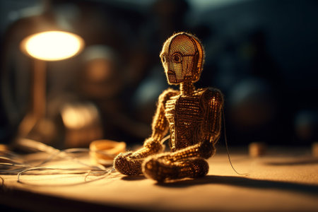 Handmade toy robot sitting on the table in a dark room.の素材