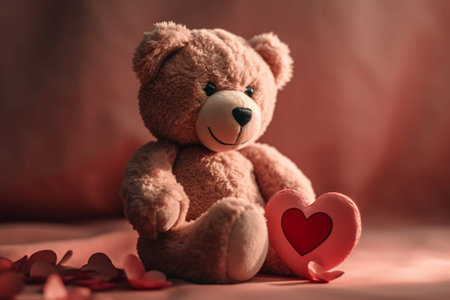 teddy bear with red heart and rose petals on pink backgroundの素材