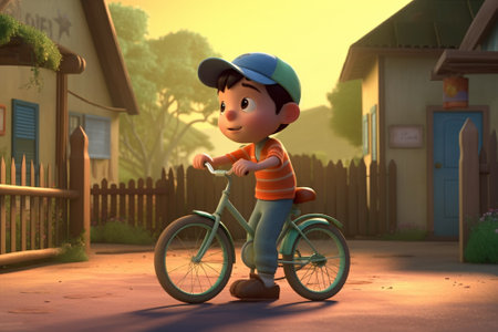 Boy riding a bicycle in the village. 3D rendering. Digital illustration.の素材