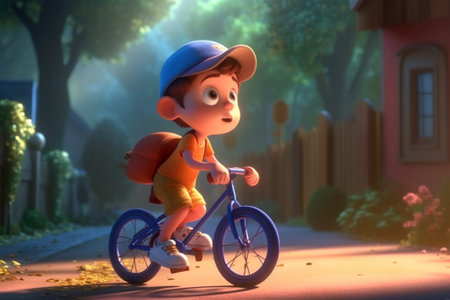 Little boy riding a bike in the park. 3d illustration.の素材