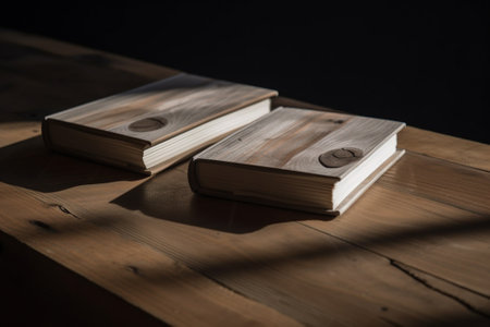Two old books on a wooden table. Dark background. Selective focus.の素材