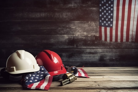 Helmet and American flag on wooden background. Labor day concept.の素材